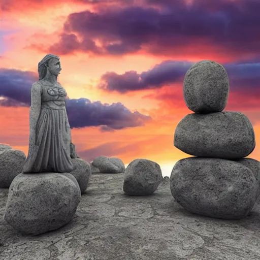 Prompt: a giant stone statue of the greek lambda symbol, epic sunset skies in the background, highly detailed digital art by jullie bell