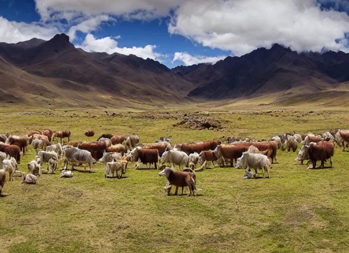 Prompt: beautiful Peruvian Andean landscape with herd animals