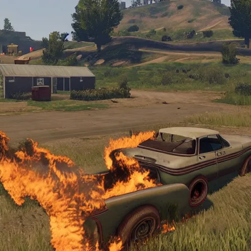 Prompt: a small vintage farm on fire in a field in the style of GTA V, gameplay footage