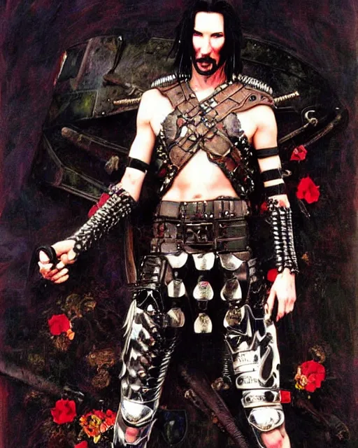 Image similar to portrait of a skinny punk goth keanu reeves wearing armor by simon bisley, john blance, frank frazetta, fantasy, thief warrior, colorful flowers floral