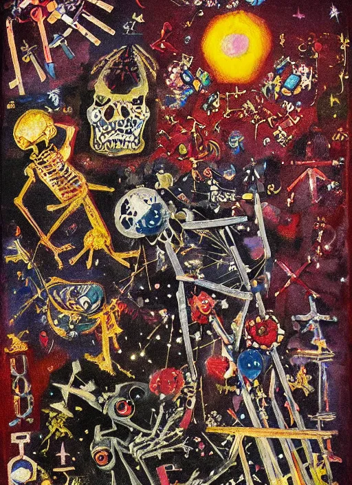 Image similar to pixel decollage painting tarot lovers card composition tower of babel road red armor maggot bear and wonky alien frog skeleton knight on a horse in a dark red cloudy night sky with golden foil jewish stars, occult symbols and diamonds, mountain lake and blossoming field in background, painted by Mark Rothko, Helen Frankenthaler, Danny Fox and Hilma af Klint, pixelated, neo expressionism, semi naive, pastel colors, cinematic, color field painting, cave painting, voxel, pop art look, outsider art, minimalistic. Bill Traylor painting, part by Philip Guston, Amano and Francis Bacon. art by Adrian Ghenie, very coherent symmetrical artwork, cinematic, hyper realism, high detail, octane render, unreal engine, Smooth gradients, depth of field, full body character drawing, extremely detailed, 8k, extreme detail, intricate detail, masterpiece