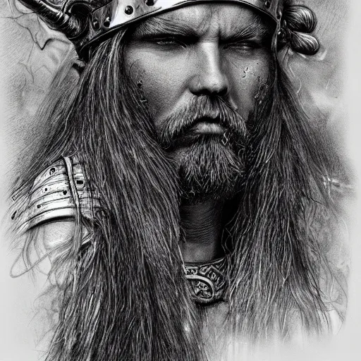 Prompt: of valhalla viking headgear with flaming red hair, fine detail, texture, extreme detailed pencil and pen sketch, trending on artstation, hyperreal