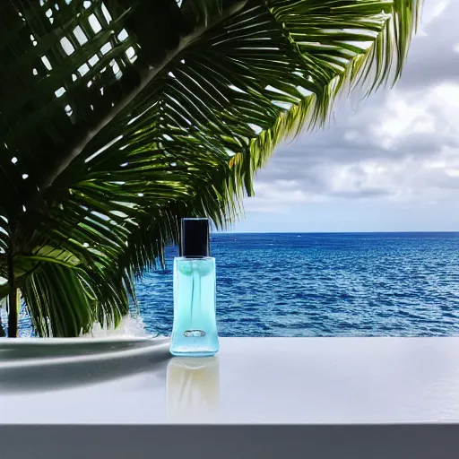 Image similar to perfume bottle standing in splashing tropical sea foam, surrounded by leafy trees, light pastel blue sky and clouds in the background, softly - lit, soft - warm, zen, light, modern minimalist f 2 0 clean