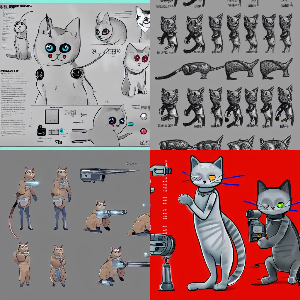 Prompt: A cat with laser gun claws, character design sheet, digital art