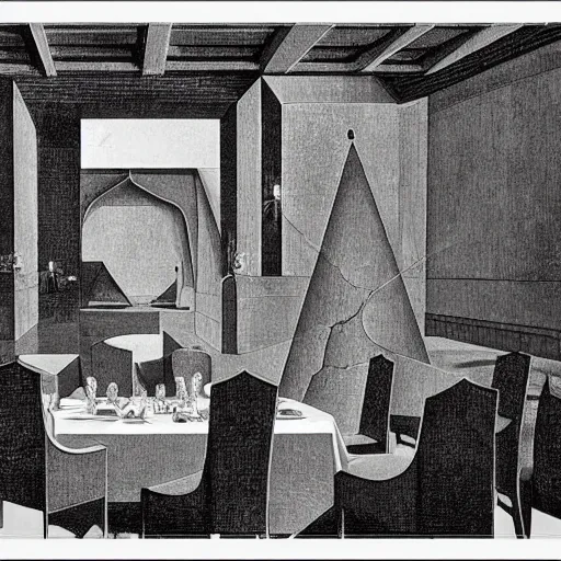 Image similar to lasr dinner by da Vinci in impossible geometry, Escher