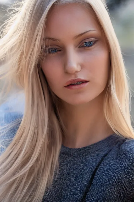 Image similar to head shot photo of a blonde female model in her twenties, silky straight hair, wearing a designer top, looking content, photo realistic, extreme detail skin, natural beauty, no filter, slr, golden hour, 4 k, high definition, selfie