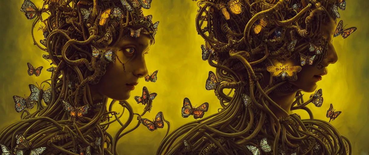 Prompt: hyperrealistic hyper detailed neo-gothic 35mm portrait of rococo cyborg medusa symmetrically with butterflies matte painting concept art hannah yata dali very dramatic yellow lighting low angle hd 8k sharp shallow depth of field