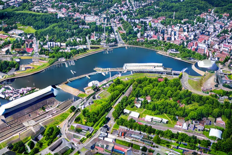 Image similar to bird's eye view photography of a small city. town hall, central farm, monorail station, inlet and shipping dock. hills, woods and pond to the north.