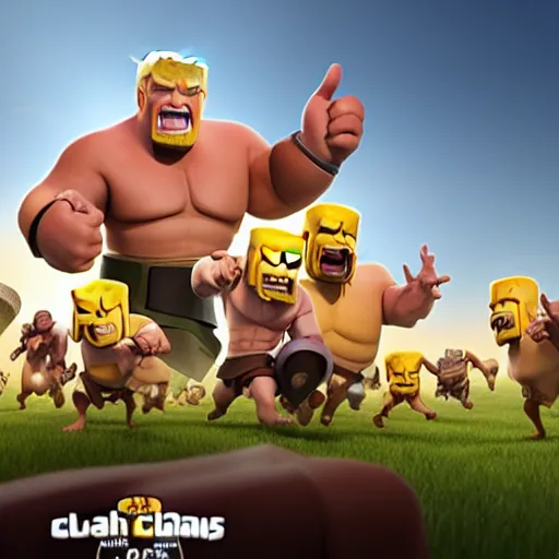 Prompt: clash of clans film poster concept featuring Obama and Trump