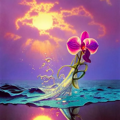 Prompt: detailed giant orchid flower surrounded by ocean wave, lsd water, lsd droplets, transparent dew, backlit, sunset, refracted lighting, art by collier, albert aublet, krenz cushart, artem demura, alphonse mucha