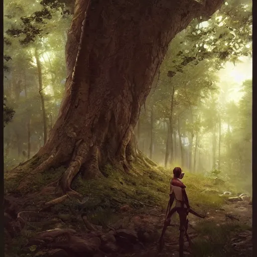 Prompt: 'portrait of the back a small male wood-elf caring for the animals in the woods, art by Greg Rutkowski, 4k'