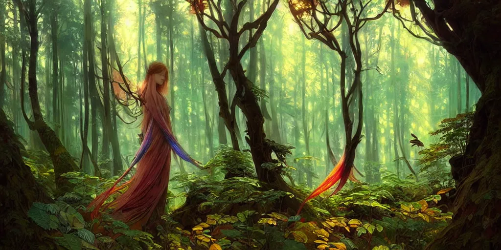Image similar to a beautiful illustration of a mystic colourful forest, intricate, sharp focus, illustration, highly detailed, digital painting, concept art, matte, art by wlop and artgerm and greg rutkowski and alphonse mucha, masterpiece