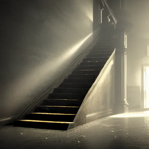 Prompt: staircase labrynth, several staircases folding into each other, water dripping from the ceilings, foggy atmosphere, beam of light, ufos, cinematic lighting, ultra details, incredibly realistic, octane rendering, z brush, unreal engine 5, photorealistic, 8k