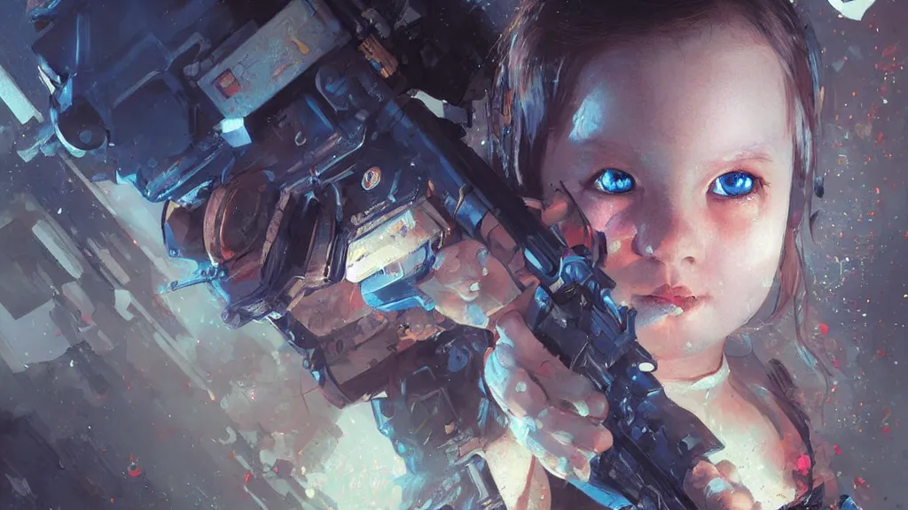 Prompt: portrait of the little girl with blue eyes is melted under machinegun fire, digital art, illustration, highly detailed, art by finnian macmanus