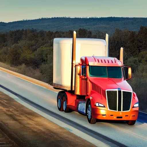 Image similar to an American style fuel transport truck on an interstate highway, high contrast, golden hour, photo from a company website