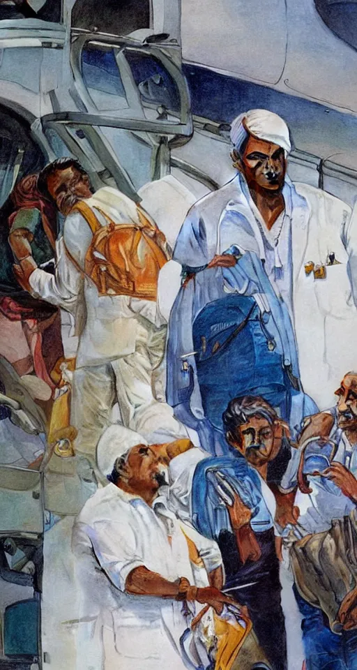 Image similar to close up of an Indian doctor in scrubs disembarking from an airplane at Heathrow in 2022, sun shining, photo realistic illustration by greg rutkowski, thomas kindkade, alphonse mucha, loish, norman rockwell.