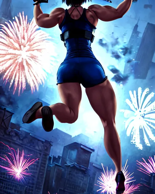 Image similar to gigachad jill valentine bodybuilder jumping in front of a fireworks show fighting in racoon city, fantasy character portrait, ultra realistic, anime key visual, full body concept art, intricate details, highly detailed by greg rutkowski, ilya kuvshinov, gaston bussiere, craig mullins, simon bisley