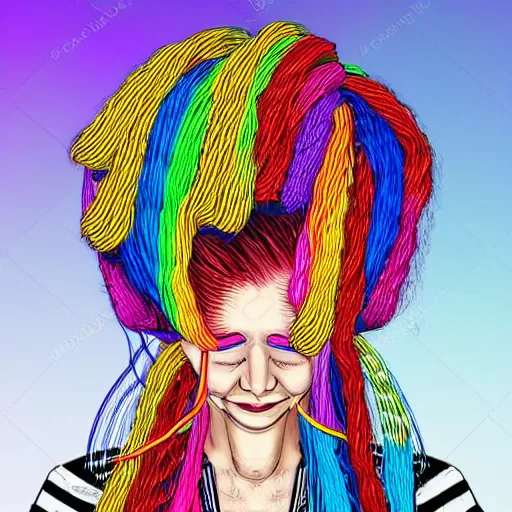 Prompt: woman with hair by colorful cables