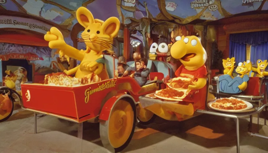 Image similar to 1990s photo of inside the Garfield ride at Universal Studios in Orlando, Florida, riding a plate of Lasagna with Garfield through a living room filled with tons of food, cinematic, UHD