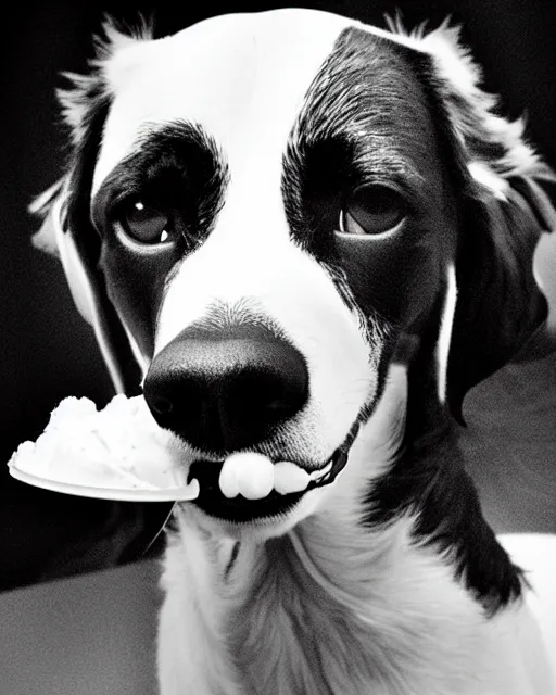 Image similar to portrait of a dog with ice cream dripping from its nose, detailed medium format photo, polaroid still, black and white, helmut newton, high production value, intricate details, high resolution, hyperrealistic, hdr, high definition, award winning photography, masterpiece, ultra realistic, highly detailed, hd, sharp focus, cinematic lighting, shaded, non blurry, sharp, smooth