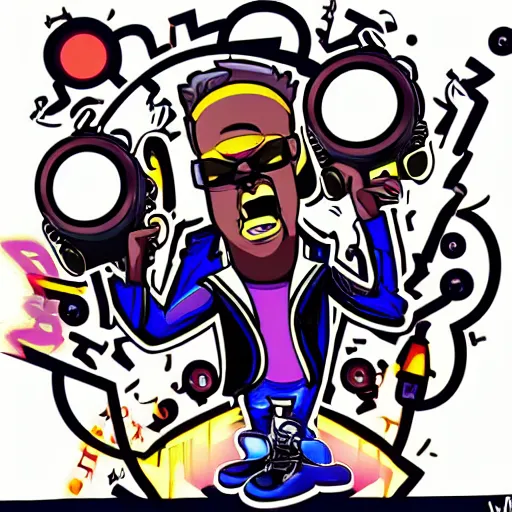 Image similar to svg vector sticker of absolutely insane-mad-scientist-villain, rocking out, wearing headphones, huge speakers, dancing, rave, DJ, spinning records, digital art, amazing composition, rule-of-thirds, award-winning, trending on artstation, featured on deviantart