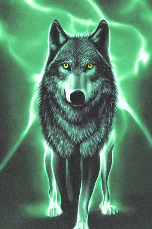 Prompt: a wolf standing at the opening of a green glowing cave howling in a 7 0 s style illusion