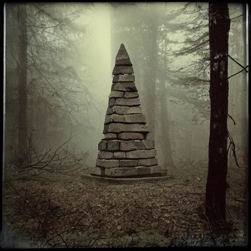 Image similar to a stone pyramid in the middle of a forest clearing, foggy, eerie, creepy, unsettling, lost footage, old polaroid, expired film,