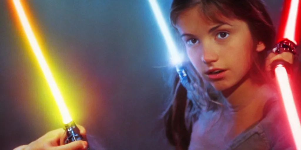 Image similar to a full color still of a teen brunette girl holding a lightsaber with a sci-fi battle in the background, cinematic lighting, 1999, directed by Steven Spielberg, 35mm