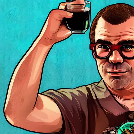 Prompt: Nerd drinking rum, detailed, GTA V poster