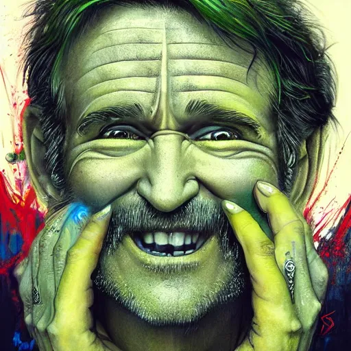 Image similar to a Demon Slayer portrait of Robin Williams, tall, pale-skinned, slender with lime green eyes and long eyelashes by Stanley Artgerm, Tom Bagshaw, Arthur Adams, Carne Griffiths, trending on Deviant Art, street art, face enhance, chillwave, maximalist, full of color, glittering