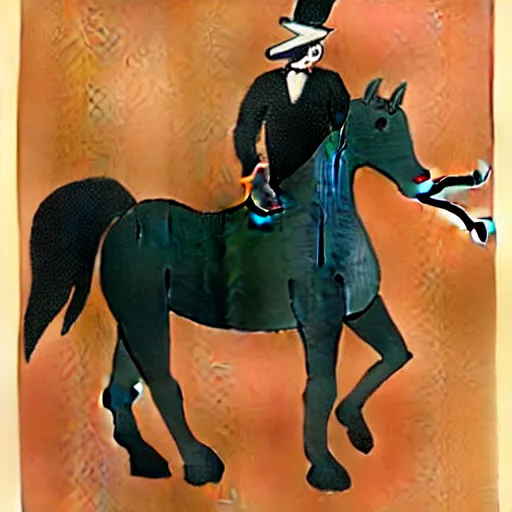 Image similar to an antropomorphic horse wearing a suit smoking a cigar