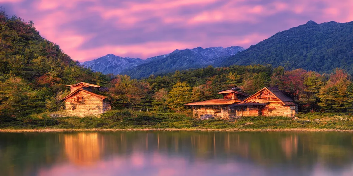 Image similar to a serene mountain landscape with a singular building near a lake at sunset anime style 8k low saturation high quality high detail cartoon