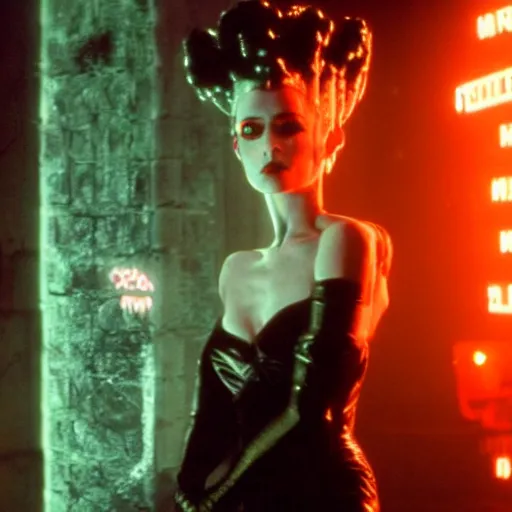 Image similar to cinematic portrait of bride of frankenstein as a replicant in a nightclub, frightened and angry, ready to fight, still from the movie bladerunner, fashion photography, a neon sign is in the background