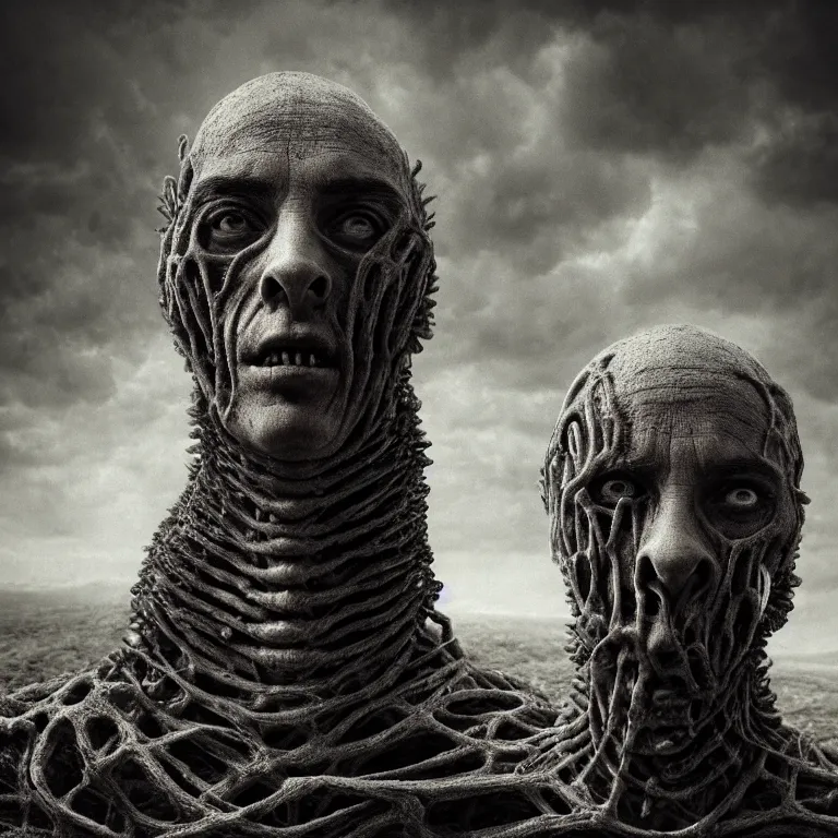 Image similar to ribbed spinal man face portrait, baroque painting, standing in a desolate empty wasteland, creepy, nightmare, dream-like heavy atmosphere, surreal abandoned buildings, beautiful detailed intricate insanely detailed octane render trending on Artstation, 8K artistic photography, photorealistic, chiaroscuro, Raphael, Caravaggio, Beksinski, Giger