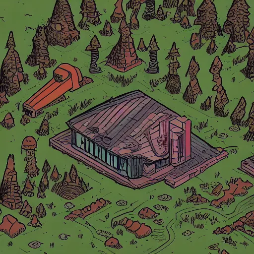 Image similar to in the style of ghostshrimp and deathburger and laurie greasley an isometric view of a giant decaying robot head in a forest that has been turned into a quaint house, highly detailed, 8k wallpaper