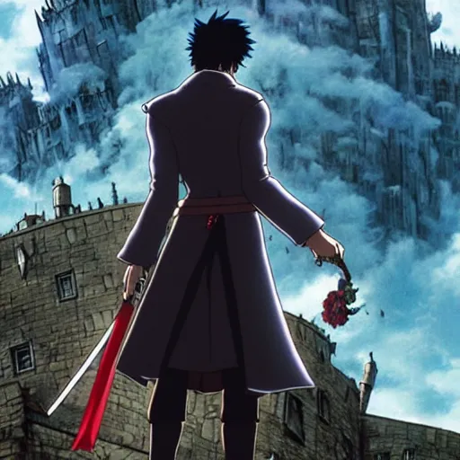 Image similar to a shot of dante from devil may cry in howl's moving castle movie, movie shot, anime, hightly detailed, rescalated 4 k, detailed, straight face, detailed face, studio ghibli