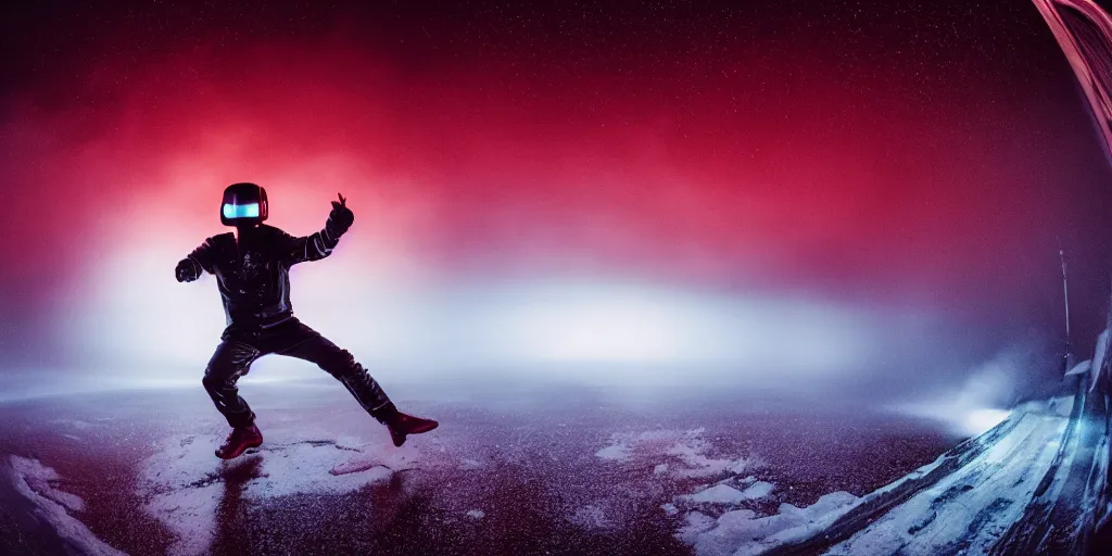 Prompt: fisheye slow motion with trail effect of futuristic break dancer wearing long red cloak and Daft Punk helmet, long exposure shot , enigmatic, at night in the middle of the arctic with red light A letter, paddle of water, steam, fog, water splashes, rim lights, glossy reflections, water droplets on lens, octane render, Volumetric dynamic lighting, stunning cover magazine, high details,