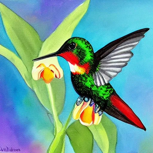 Prompt: painting of a hummingbird, bright vibrant colors, ultra realistic, beautiful