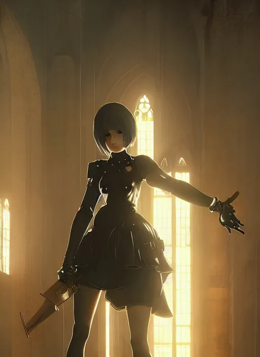 Image similar to portrait of 2 b from nier automata in an abandoned church, dead robots, a large katana, intricate, elegant, glowing lights, highly detailed, digital painting, artstation, concept art, smooth, sharp focus, illustration, art by wlop, mars ravelo and greg rutkowski