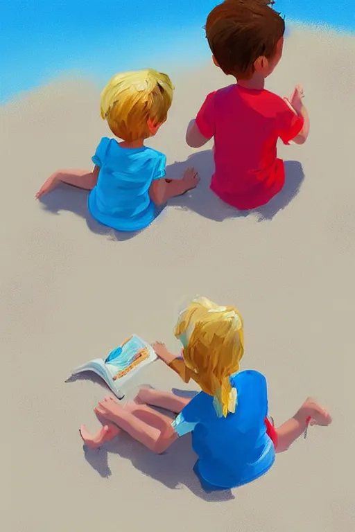 Image similar to Two children sitting on the beach, making sandcastles, blue sky, digital painting, artstation, children's book, smooth, sharp focus, behance, HD, by Benji Davies