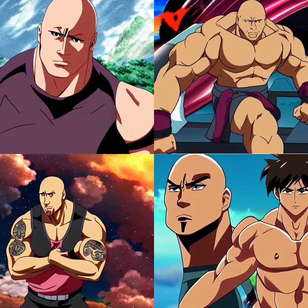 Prompt: dwayne the rock johnson anime