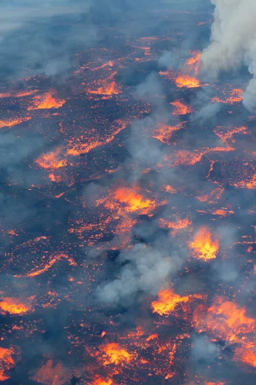 Image similar to inside airplane window view, aerial imagery, huge fire, very detailed, trending on artstation