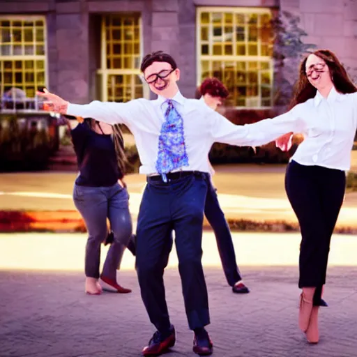 Prompt: photorealistic nerds doing the floss in public