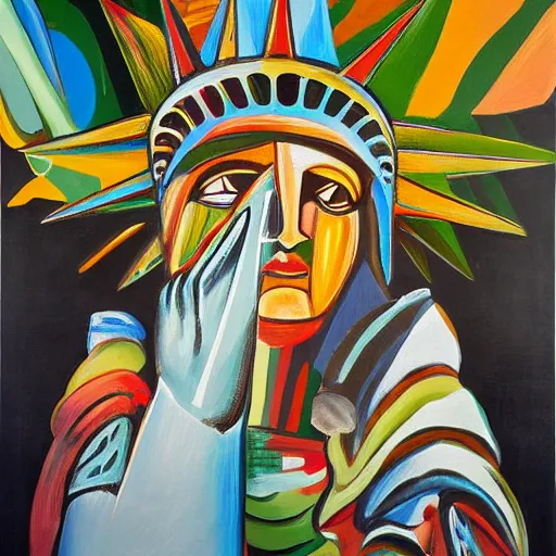 Prompt: george condo painting of the statue of liberty