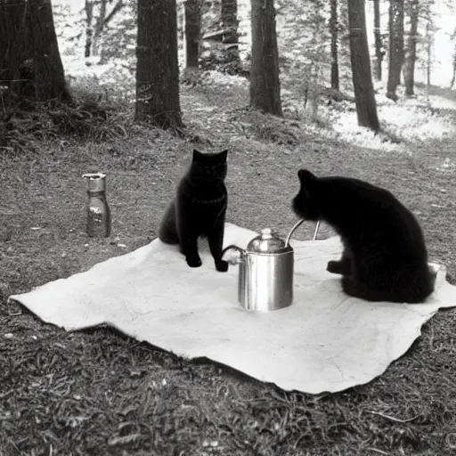 Prompt: vintage photograph of a golden retriever and a black kitty having a tea party in the forest