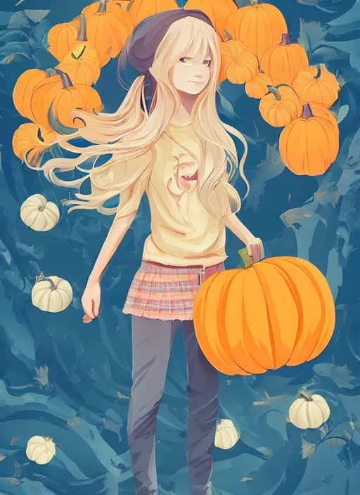 Image similar to little girl with long blonde hair holding a pumpkin. background is skulls. clean cel shaded vector art. shutterstock. behance hd by lois van baarle, artgerm, helen huang, by makoto shinkai and ilya kuvshinov, rossdraws, illustration, art by ilya kuvshinov