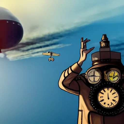 Image similar to a pilot in a steampunk plane and a flying city in a blimp in the sky over the clouds in the background, in the bottom there a lot of fog