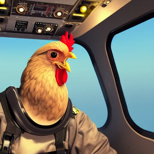 Prompt: a chicken in the cockpit of an airplane, with a headset, highly detailed, octane render, trending in artstation