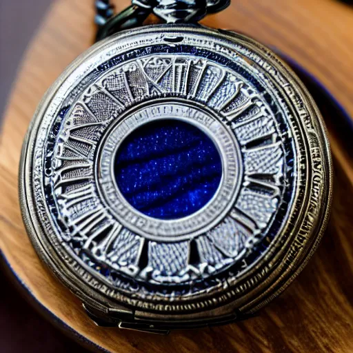 Image similar to close up photo of a sapphire pocket watch, high detail, complex