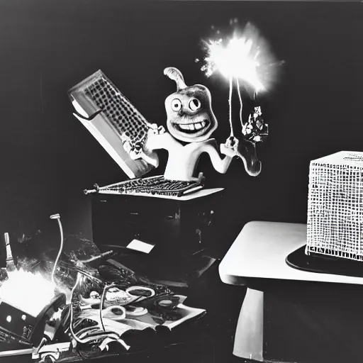 Prompt: a black and white photograph of a man destroying a computer until it sparks, by gary baseman, by robert crumb, by jim henson, photorealistic, surreal, high contrast, film photography